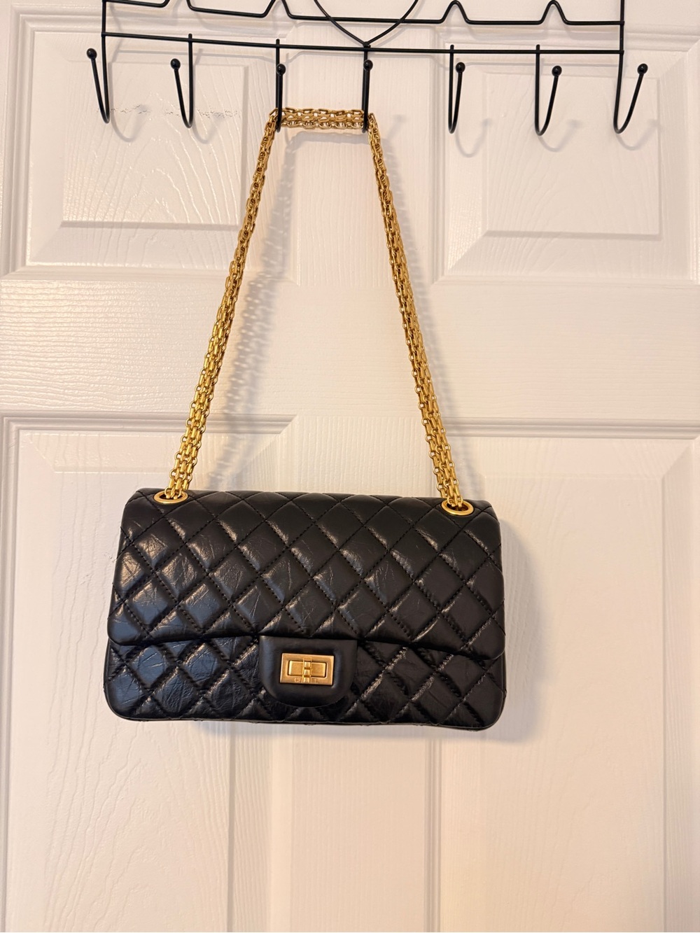 Quilted Black Shoulder Bag with Gold Chain Strap
